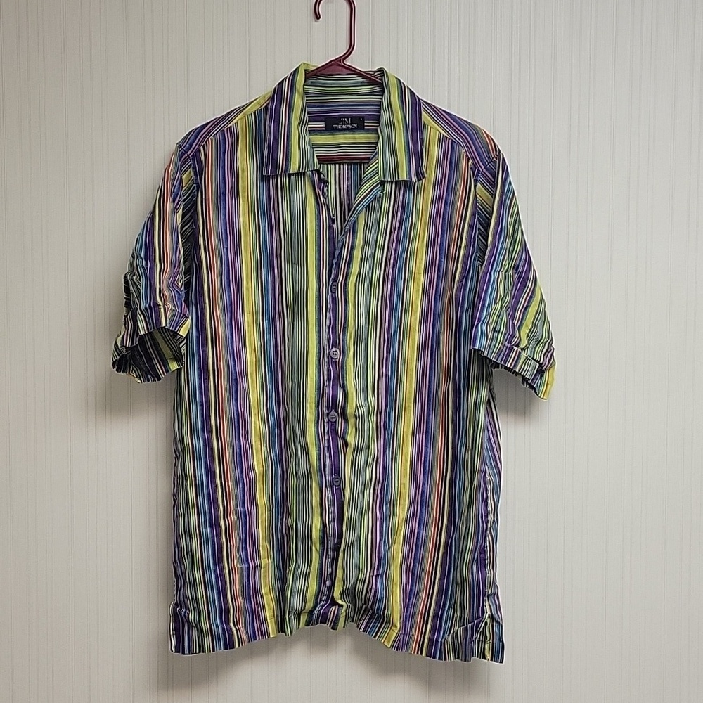 Jim Thompson 100% linen short sleeve striped men's sz large shirt